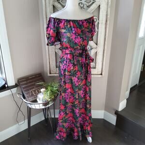NSR Floral Off Shoulder Puffy Sleeve Belted Ruffle Midi Dress XS Fairy Romantic
